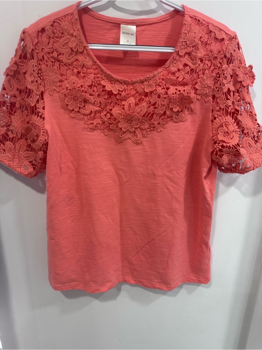 Bedford Fair Women’s Medium Coral Floral Crochet Lace Short Sleeve Top